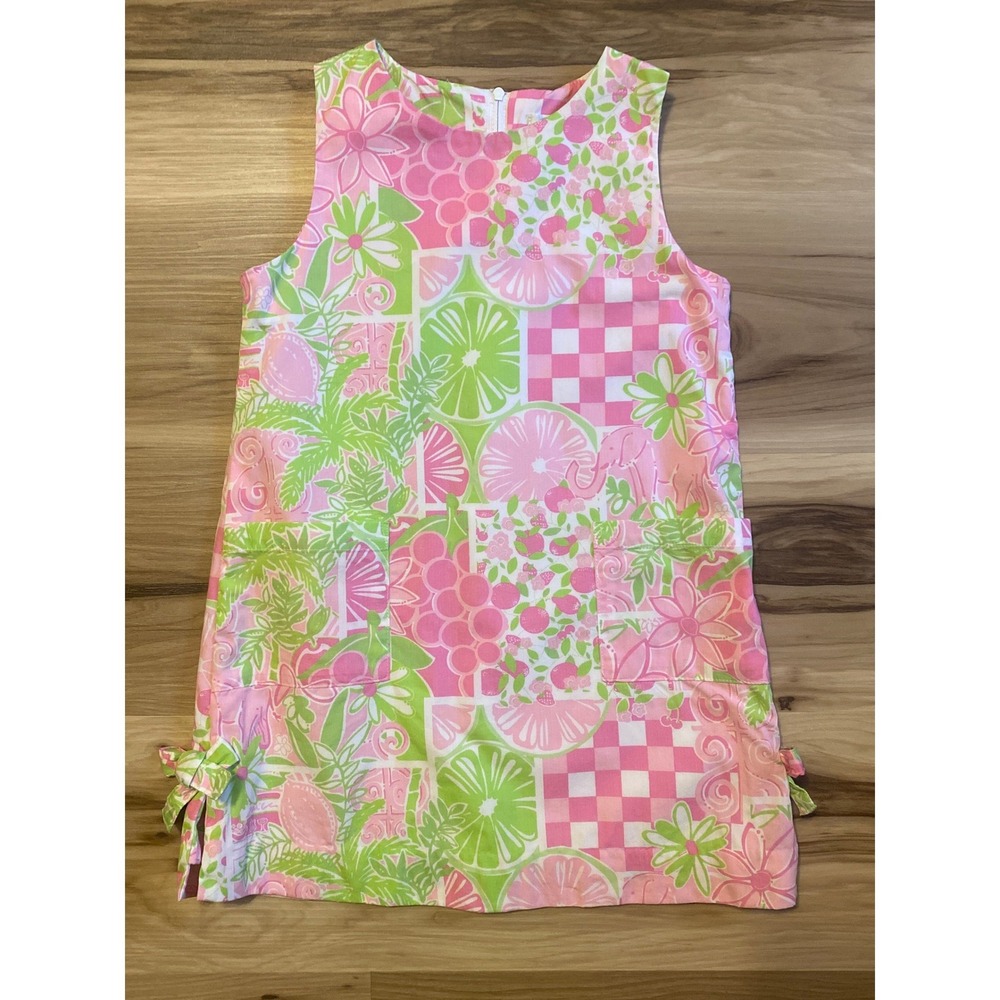 Lilly Pulitzer Girls Shift Dress Juice Stand Vintage Print Pink Green Size 5